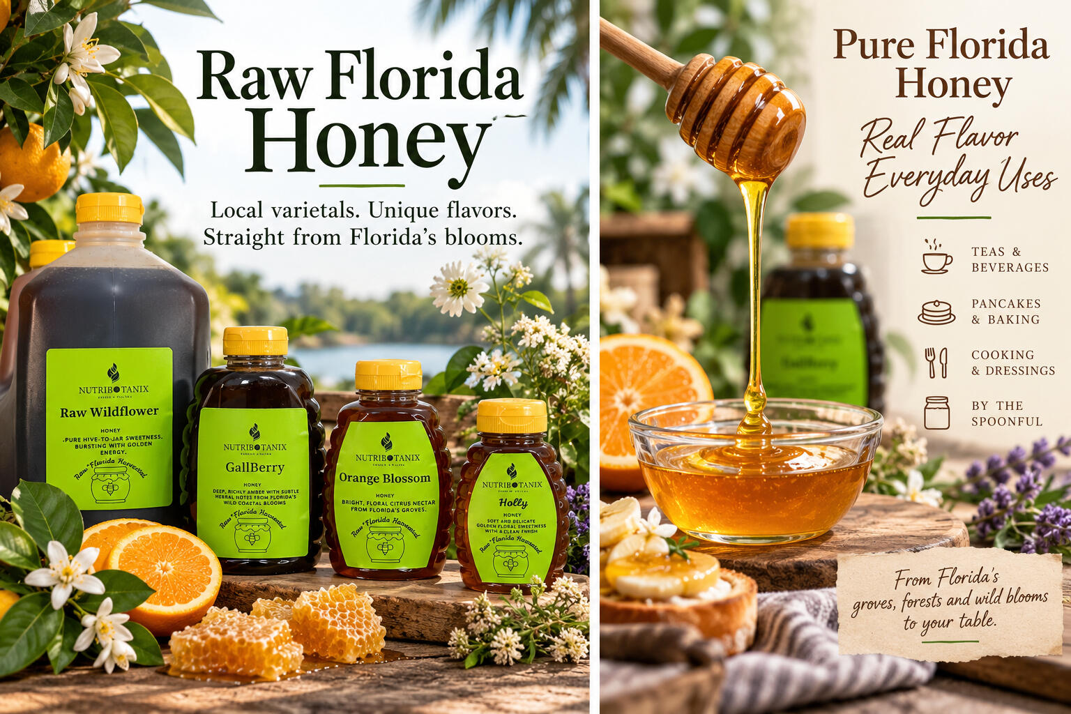 Raw Florida honey varietals with honey dipper and serving ideas including tea, toast, baking, dressings, and pairings