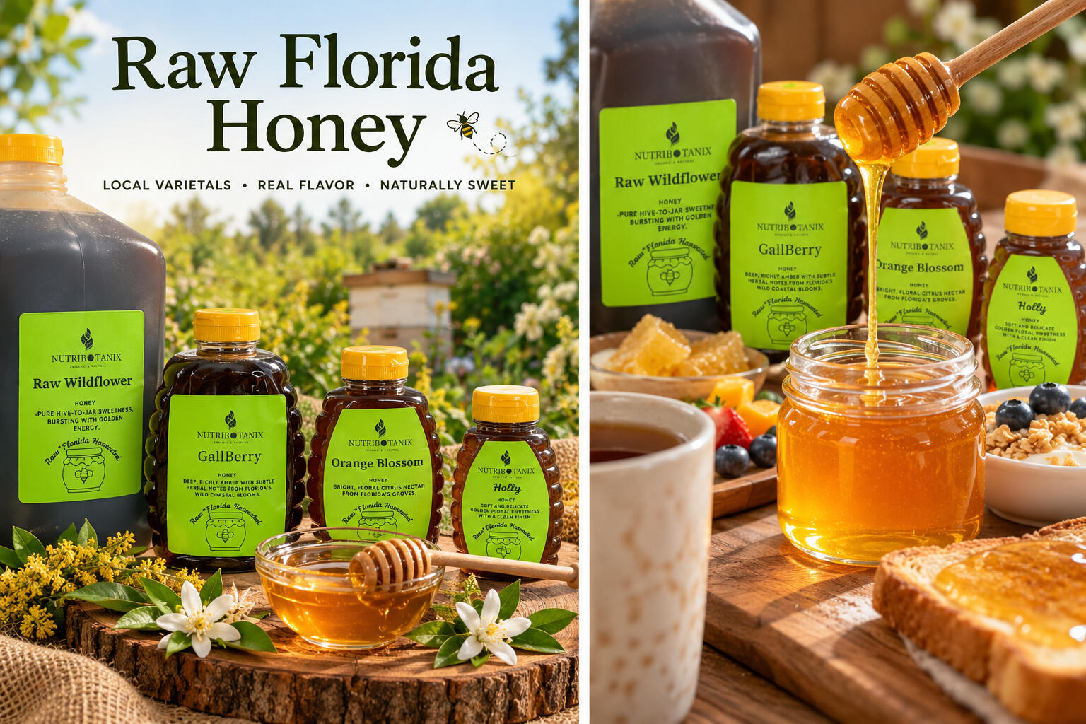 NutriBotanix Raw Wildflower, Gallberry, Orange Blossom and Holly honey bottles in a Florida garden setting